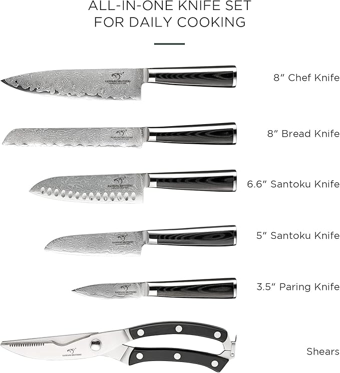 NANFANG BROTHERS 7 Pieces Damascus Kitchen Knife Set with Block, ABS Ergonomic Handle for Chef Knives, Kitchen Shears, Knife Block Set for Chopping, Slicing & Cutting