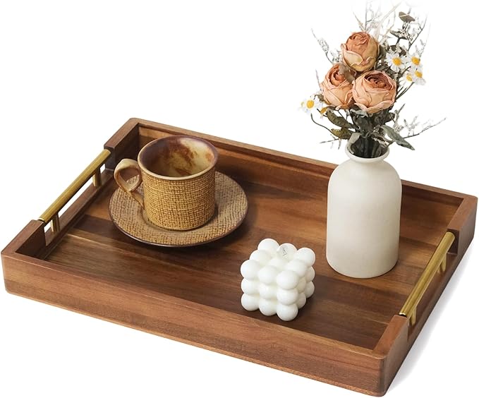 Acacia Wood Serving Tray with Golden Handles, 17 Inch Wooden Tray for Ottoman, Breakfast, Lunch, Dinner, Decorative Rectangular Tray for Living Room, Kitchen Counter, Outdoor