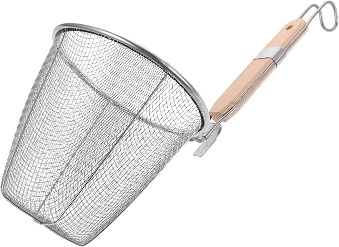 Stainless Steel Pasta Strainer Basket with Wooden Handle 13 Inch Noodle Skimmer Spoon for Cooking Dumplings Hot Pot and Food Draining