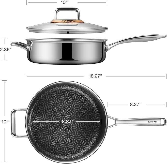 ZEROPAN Hybrid Nonstick 3.5-Quart Sauté Pan,Frying Pans Nonstick with Lid,PFAS PFOA PTFE Free,Stay-Cool Handle,10 Inch Deep Frying Pan,Dishwasher-Friendly, Oven Safe, Compatible with All Cooktops