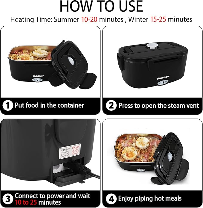 Electric Lunch Box 80W Food Heater with Dual Container, Portable Lunch Warmer for Adults, Upgraded Heated Lunch Box for Car/Truck/Office,110/24/12V 1.5L