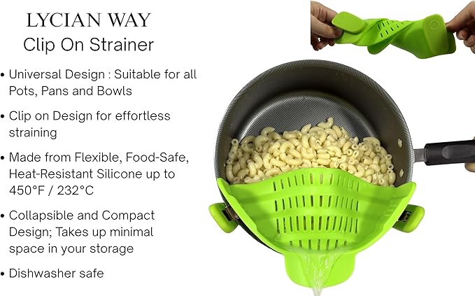 Clip on Strainer Silicone for All Pots and Pans, Colander, Pot Strainer for Pasta, Meat, Vegetables, Space Saving Design, Food-Safe w/Collapsible Funnel, Garlic Peeler, 3 Pack(Lime Green)