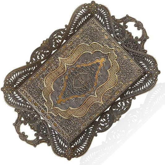Moroccan Antique Coffee Tea Serving Tray Table Home Decor Decorative Handle - Antique Arabic Brass Fancy Persian Rectangle Vintage Retro Rustic Ottoman Farmhouse Style Decor Tray Traditional
