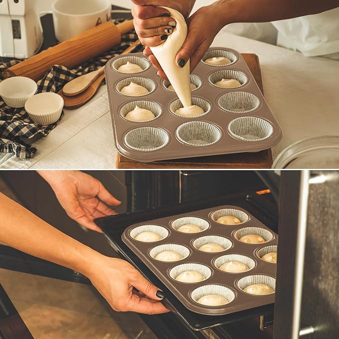 TAOUNOA Muffin Pan Cupcake Tin Nonstick, 2PCS Durable Baking Pan for Muffins & Cupcakes, Easy Clean Carbon Steel Muffin Tin for Oven Use, Parties, Gold, Standard 12 cup