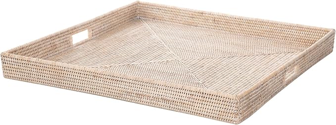 KOUBOO La Jolla Rattan Tray, Square Woven Tray - Decorative Coffee Table, Breakfast Tray, Home Decor, Serving & Basket Style, Extra Large, White-Wash
