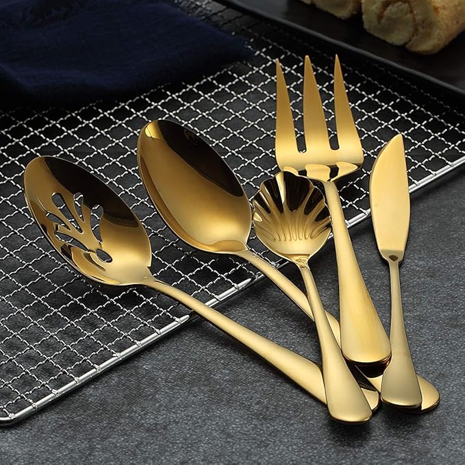 Berglander Stainless Steel Golden Titanium Plated Flatware Serving Set 6 Pieces, 5 Serving Pieces of 45 Pieces Flatware With 1 Cake Server, Serving Silverware Set (Shiny Golden)