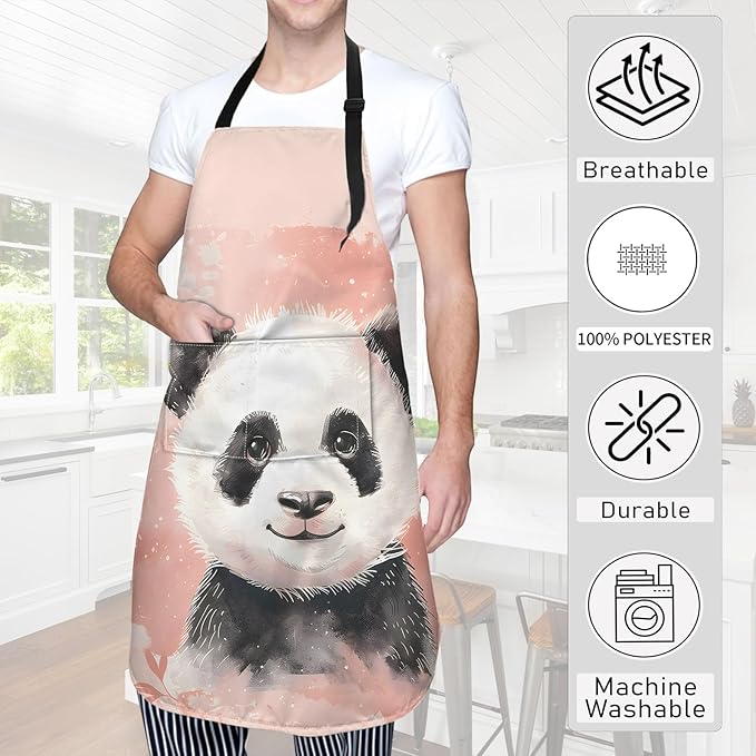 Watercolor Panda Apron Adorable Artistic Animal Illustration Aprons Waterproof Oxford Polyester Adjustable Pockets Design for Cooking, Crafting, Garden Decor, for Adults, 28x33 Inch