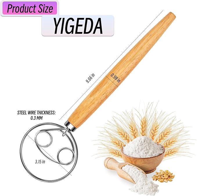 Danish Dough Whisk Stainless Steel with Dough Hook & Wooden Handle for Sourdough Bread Baking and Dough Mixing