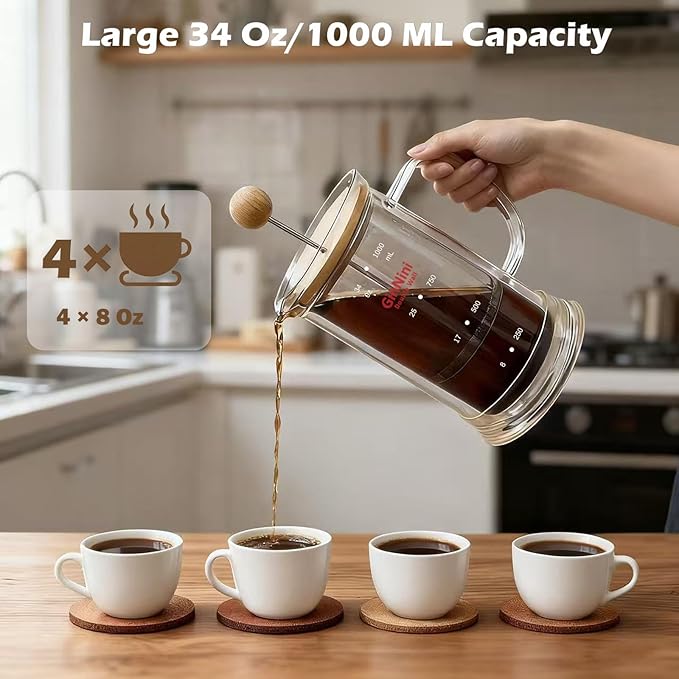 GinNini 34-Ounce French Press Coffee Maker, Double Wall Borosilicate Glass Carafe with Removable Stainless Steel Filter and Shaft with Enlarged Bamboo Knob and Lid,Heat-Resistant for Coffee and Tea