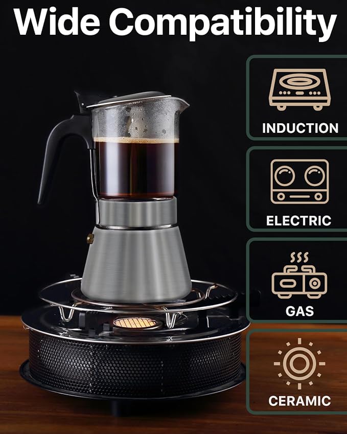 Grasseed Crystal Glass-Top Moka Pot, Brushed Stainless Steel Stovetop Espresso Maker for Italian Coffee - 6 Cup/240ml/8.4oz