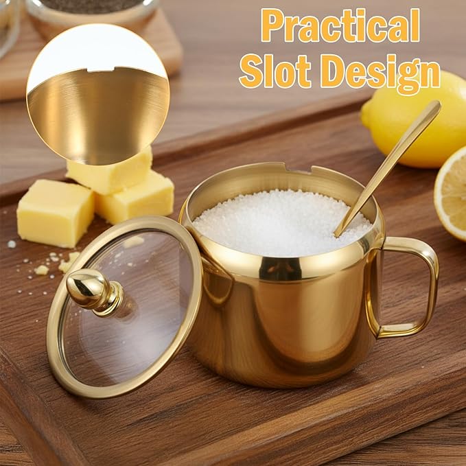 Gold Sugar Bowl with Glass Lid and Spoon, 10oz Capacity Stainless Steel Sugar Container Round Kitchen Storage Pot Coffee Bar Accessories for Kitchen Storage, Salt, Candy, Coffee Beans
