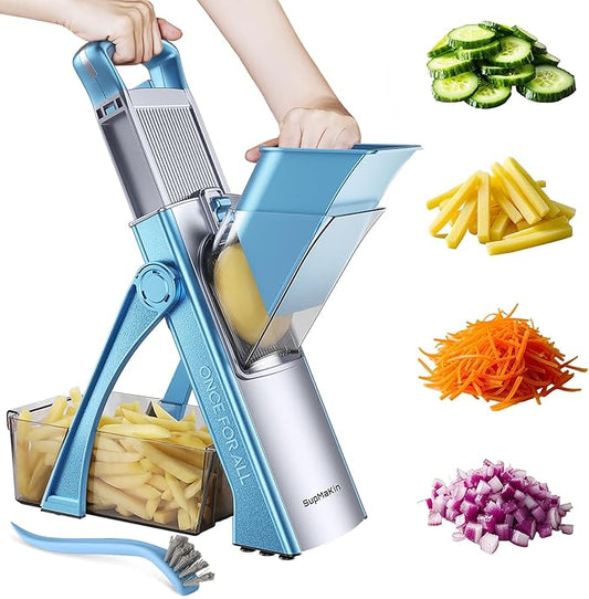 SupMaKin Upgrade Safe Mandoline Slicer Plus, Adjustable Vegetable Chopper Potato Slicer Onion Chopper, French Fries Cutter, Veggie Salad Chopper Kitchen Chopping Artifact (LightBlue)