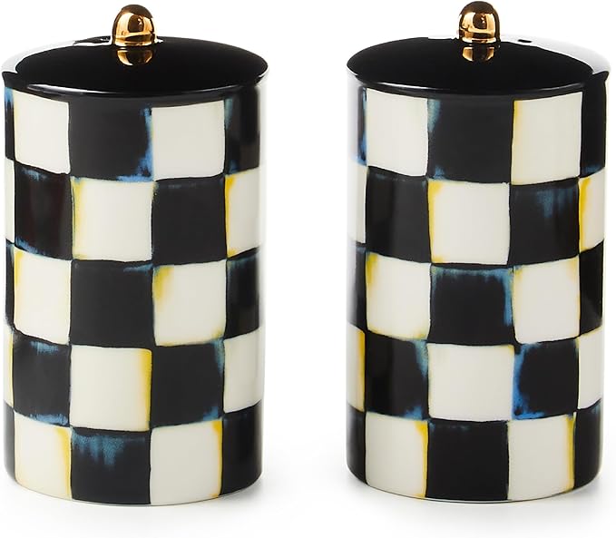 MACKENZIE-CHILDS Farmhouse Salt and Pepper Shaker Set, Ceramic Salt and Pepper Holders, Black-and-White Courtly Check