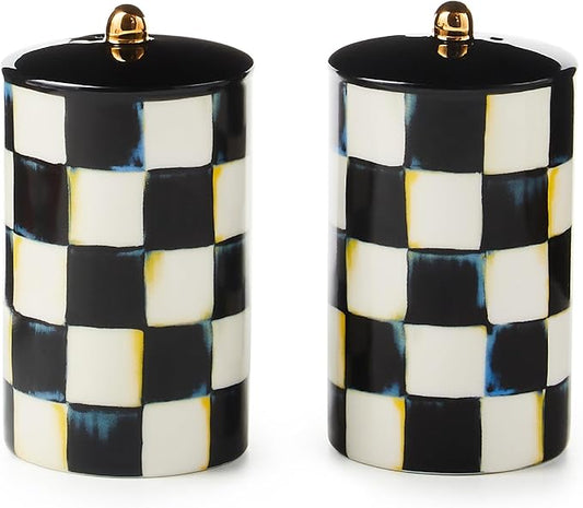 MACKENZIE-CHILDS Farmhouse Salt and Pepper Shaker Set, Ceramic Salt and Pepper Holders, Black-and-White Courtly Check