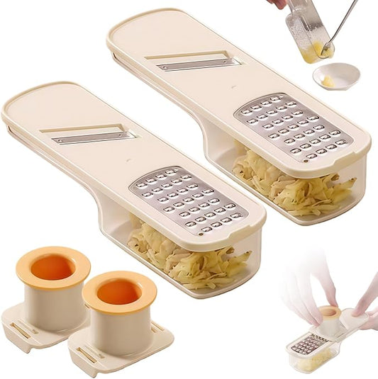 Mini Garlic Grinder, Multifunctional Garlics Grinder & Mandoline Slicer, 3-In-1 Garlic Slicer Veggie Shredder With Container, Hand Guard, For Can Grind, Slice And Shred (Beige *2)