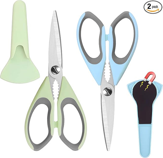 2 Pack Heavy Duty Scissors Kitchen Shears with Magnetic Holder,Dishwasher Safe Stainless Steel Meat Cooking Shears,Multifunctional All Purpose Sharp Scissors Set for Food,Meat,BBQ,Pizza(Blue,Green)