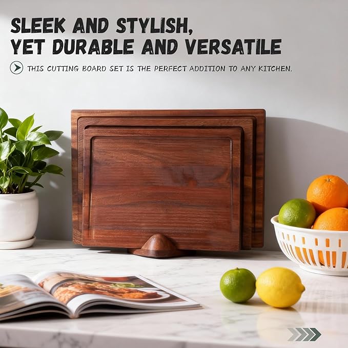 3-Piece Solid Walnut Wood Cutting Boards with Anti-Slip Holder, Chopping Block with Juice Deep Groove & Invisible Handles for Kitchen Meats Vegetables, 100% Natural Walnut, Perfect Housewarming Gift