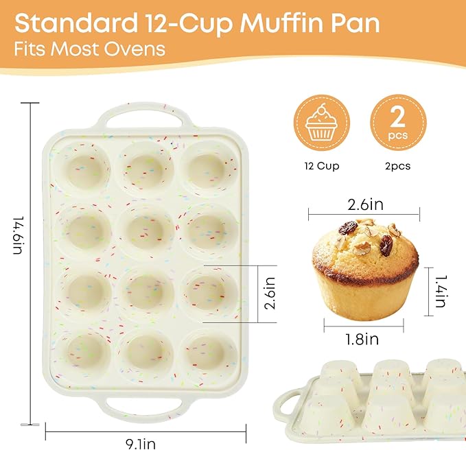 Spmarkt 2-Pack 12-Cup Silicone Cupcake Pan, Nonstick Flexible Muffin Pan, Dishwasher Safe Muffin Tray with Handles, Seamless Silicone Muffin Tin for Baking Egg Bites & Cupcakes