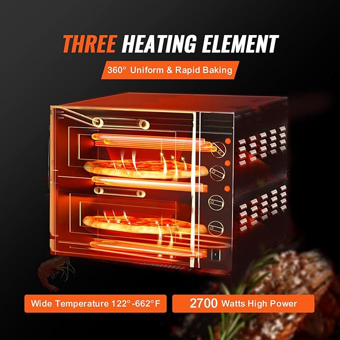 VEVOR Commercial Pizza Oven Countertop, 16" Double Deck Layer, Stainless Steel Electric Pizza Oven with Stone and Handle, Multipurpose Indoor Pizza Maker for Restaurant Home Pretzels Baked