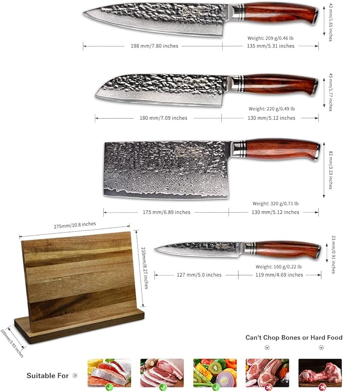 YARENH Cleaver Knife Set with Magnetic Block, Damascus Stainless Steel,73 Layers, 5 Piece Professional Sharp Kitchen Knife Set for Chef, Full Tang, Sandalwood Wood Handle