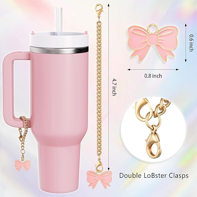 Compatible with Stanley Cup Accessories - 3Pcs 10mm Bow Straw Topper Compatible with Stanley Cup Straw Cover Cap, 2pcs Pink White Bow Charms for 30&40 Oz Tumbler with Handle