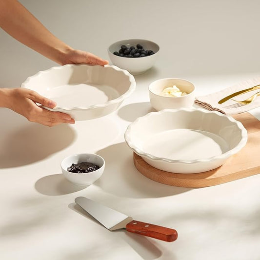 KooK Pie Pan, Ceramic Reusable Round Pie Dish, Quiche Baking Dish, Deep, Wave Edge, For Cakes, Tart, Casseroles, Tarts, Microwave, Oven and Dishwasher Safe, 9-Inch, 36 oz, Set of 2, Ivory