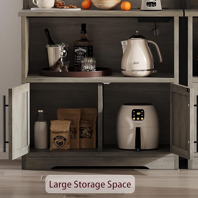 IDEALHOUSE Bakers Rack With Storage Cabinet, Microwave Stand With Power Outlets, Farmhouse pantry cabine With Thick Table Top, Small Kitchen Pantry Hutch Bakers Rack for Kitchen,Dining Room,Retro Gray