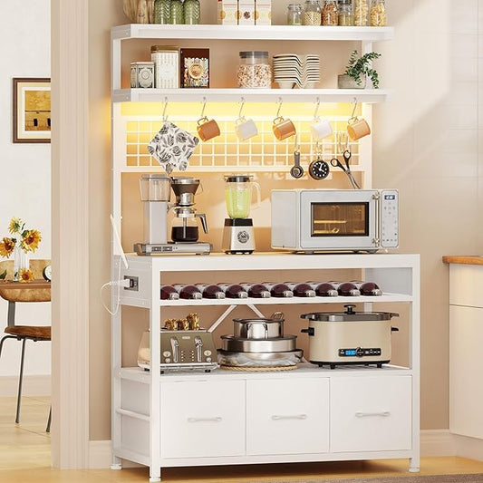 Itaar Bakers Rack with Storage and Power Outlet, 35.4 inch Microwave Stand with Fabric Drawers, Kitchen Coffee Bar Cabinet with Hutch, LED Lights, Wine Rack and Hooks, White