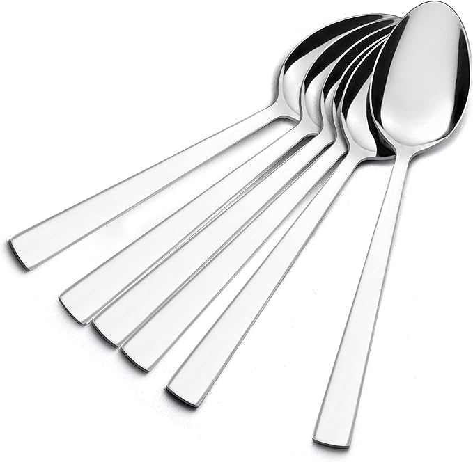 E-far Teaspoon Set of 6, 6.7 Inch Stainless Steel Spoons for Kitchen or Restaurant, Non-toxic & Mirror Polished, Squared Edge & Dishwasher Safe