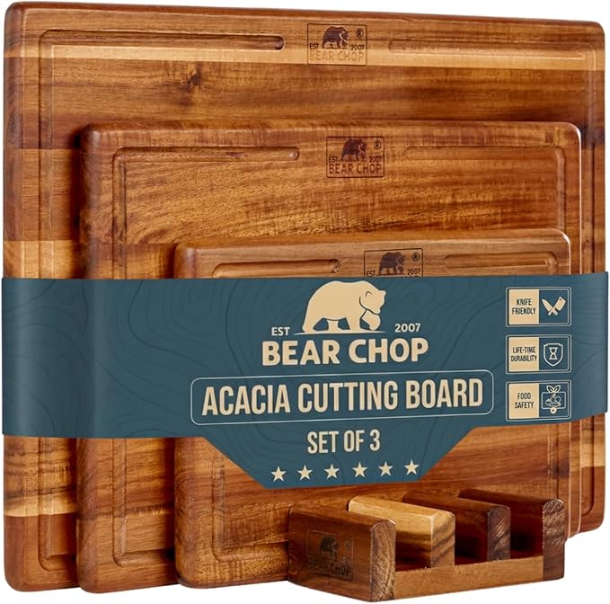 Bearchop Acacia Wood Cutting Board Set of 3 with Storage Stand, Reversible Wooden Cutting Boards for Kitchen with Deep Juice Grooves, Premium Wood Cutting Board Set for Prep, Serving & Gifting