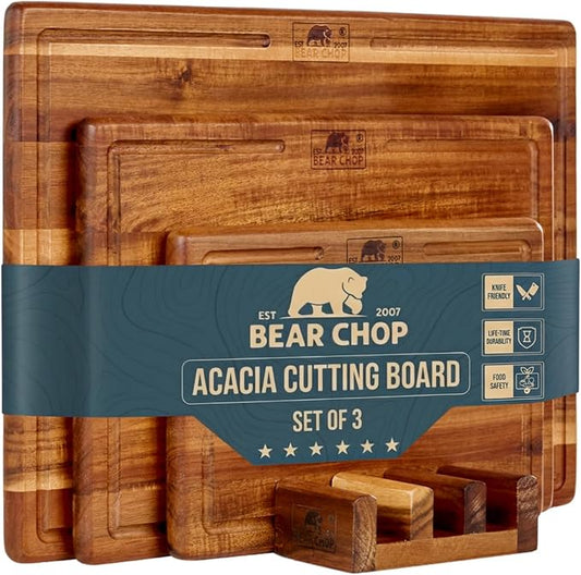 Bearchop Acacia Wood Cutting Board Set of 3 with Storage Stand, Reversible Wooden Cutting Boards for Kitchen with Deep Juice Grooves, Premium Wood Cutting Board Set for Prep, Serving & Gifting