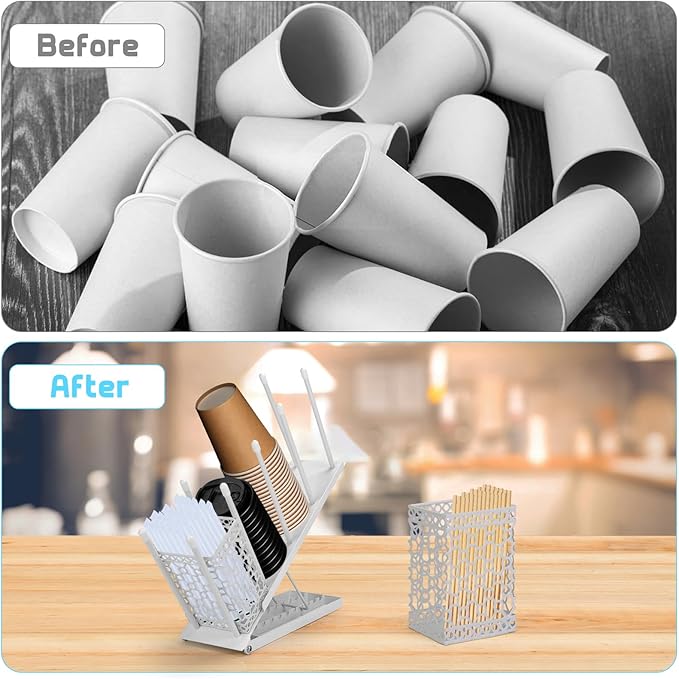 Coffee Cup Holder, Adjustable Cup Dispenser Lid Organizer Rack, 4 Compartment Disposable Paper Plastic Cup and Lid Dispenser with Straw Storage Basket for Coffee Bar Station Breakroom Countertop White