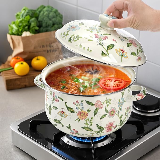 Jucoan 5 Quart Enamel Stockpot with Lid, Green Floral Enamelware Cooking Pot with Dual Handles for Stovetop, Large Soup Pot Potpourri Simmer Pot Gift for Housewarming Bridal Shower Christmas