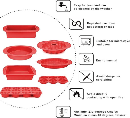 Aschef 9in1 Nonstick Silicone Baking Bundt Cake Pan Cookie Sheet Molds Tray Set for Oven, BPA Free Heat Resistant Bakeware Tools Kit for Muffin Loaf Bread Pizza Cheesecake Cupcake Pie Utensils, Red