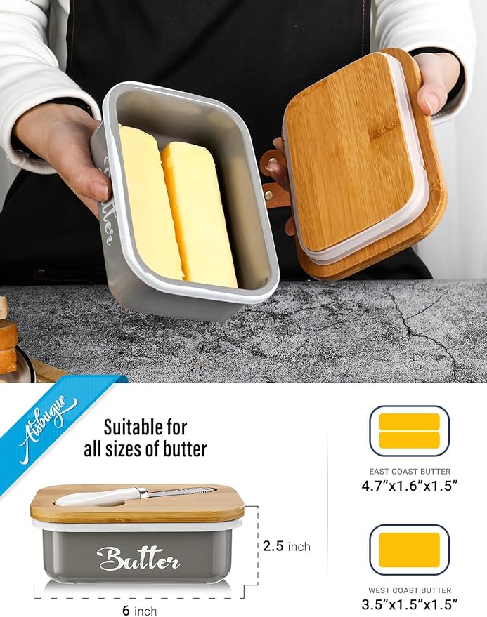 Butter Dish with Lid for Countertop, AISBUGUR Metal Butter Keeper with Stainless Steel Multipurpose Butter Knife, Large Butter Container with Double High-quality Silicone Good Kitchen Gift Grey