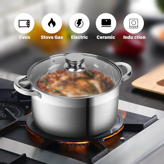 LEUGWAKN Stainless Steel Stockpot with Lid - 10 Quart Soup Pot for Induction Cooking