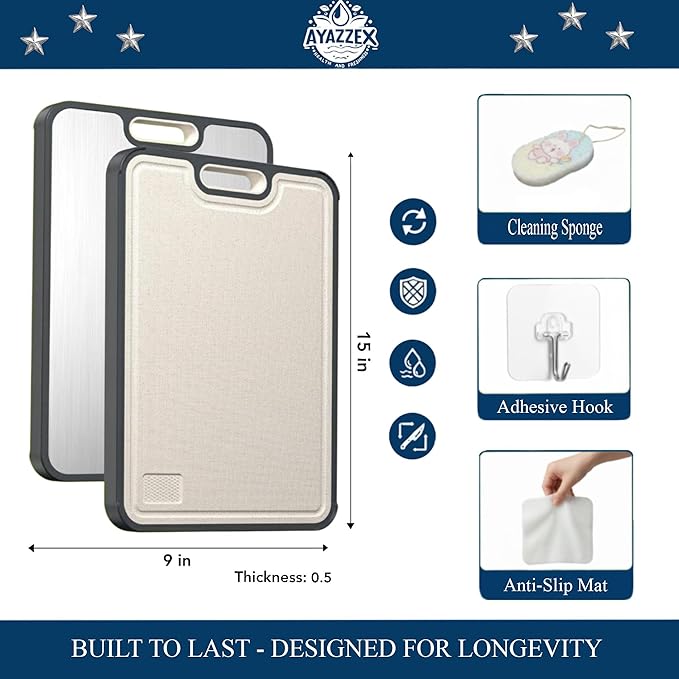 AYAZZEX Titanium Cutting Boards for Kitchen – Double-Sided Food Grade Cutting Board – 99.9% Titanium & Wheat Straw PP (15”×9”) Large Size & Ultra Durable, Easy to Clean - Includes Sponge & Pad & Hook
