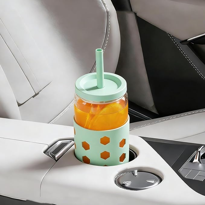 Glass Cups with Lids and Straws (4 Pack), 16oz Drinking Glasses Set with Silicone Sleeves for Coffee Bar Accessories Iced Coffee Cups with Lids, Glass Tumbler Reusable for Gifts