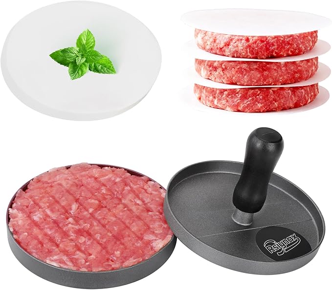 Burger Press Patty Maker, Non-Stick Aluminum Hamburger Mold with 100 Patty Papers for Kitchen Grill BBQ Camping