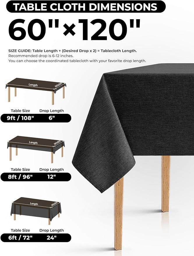 Black Extra Long Cloth Tablecloths for Rectangle Tables,Waterproof Reusable Dinning Table Cover Protector for Banquet, Party, Camping and Wedding(Oblong, 60 x 120 Inch (10-12 Seats), Black)