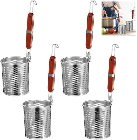 Stainless Steel Pasta Strainer 4 Pcs, Noodle Dumpling Strainers, Blanching Baskets with Red Wood Handle, Mesh Kitchen Tool Set, 4.7×5.5in（W×H）