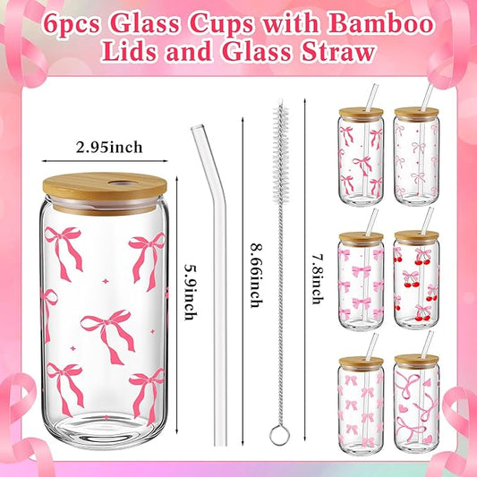 6 Pcs Pink Coquette Bow Glass Cups with Lids and Straws 16oz Cute Cherry Tumbler Bulk Reusable Can Shaped Drinking Glasses for Valentines Day Gifts Party Supplies