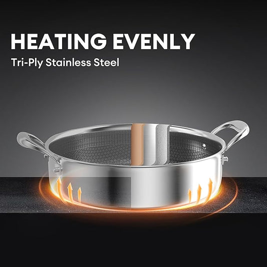 COOKER KING 5QT Stainless Steel Saute Pan with Lid, Hybrid Nonstick Deep Saute Pan, Chicken Fryer, Tri-Ply Clad Even Heat Distribution, Dishwasher-Friendly,Oven Safe to 500°F, Induction Compatible