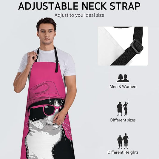 Cool Cat Apron, Adjustable Kitchen Stylish Kitten in Pink Hat Aprons with Pockets for Cooking BBQ Gardening, 28×33 IN, Holiday Gifts for Women Mom Wife, for Chef Baking, Oxford Fabric