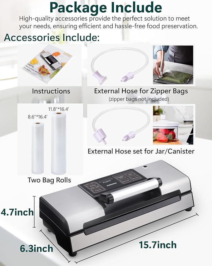 Vacuum Sealer Machine, 8 in 1 Multi-function Dry/Moist Modes For Food Preservation, Powerful Food Sealer with Built-in Cutter and Bag Storage | VS5738
