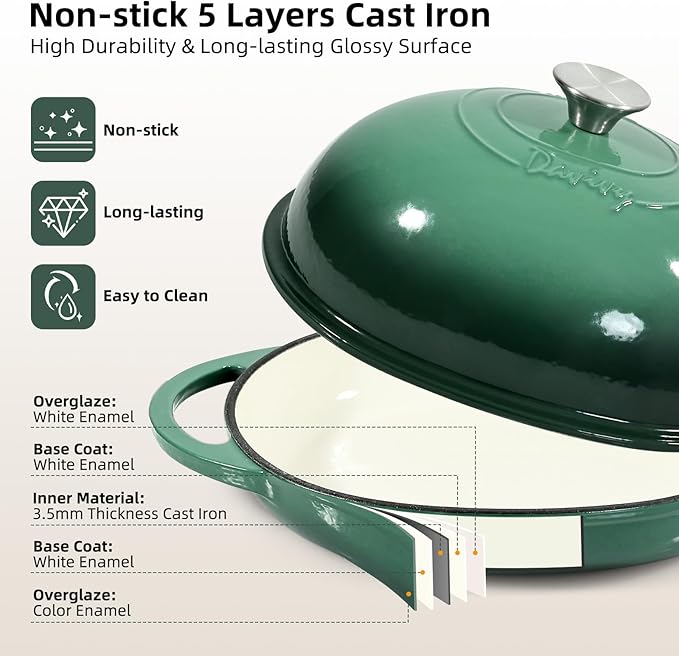 Davivy 6QT Oval Bread Dutch Oven with Domed Lid, Enameled Cast Iron Dutch Oven for Sourdough Bread Baking 6QT, Oval Cast Iron Sourdough Bread Pan with Lid - Forest Green