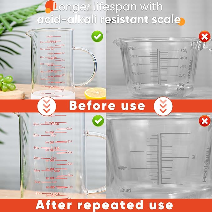 4 Cup Glass Measuring Cup with Handle, 77L High Borosilicate Glass Measuring Cup with V-Shaped and Three Scales (Cup, OZ, ML), Glass Liquid Beaker with Silicone Base, Double-Sided Measure Scales
