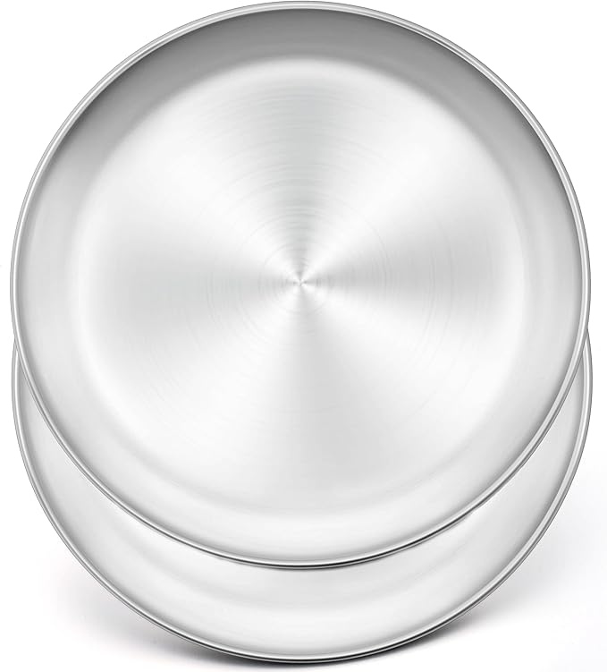 Herogo 10 Inch Stainless Steel Round Pizza Pan Plates Set of 2, Large Healthy Pizza Tray Platter for Oven Baking Serving, Dishwasher Safe