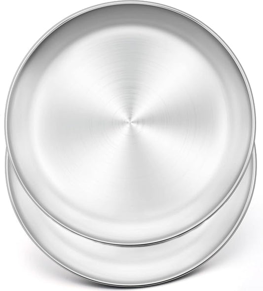 Herogo 10 Inch Stainless Steel Round Pizza Pan Plates Set of 2, Large Healthy Pizza Tray Platter for Oven Baking Serving, Dishwasher Safe