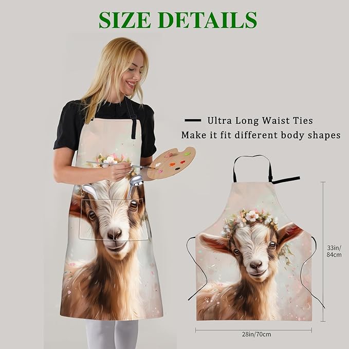 Cute Goat Apron with Adjustable Neck Strap,Artistic Floral Crown Kitchen Aprons with 2 Pockets for Women,28x33in,Oxford Fabric,Gifts for Wife Mom,For Chef Cooking Baking Gardening BBQ